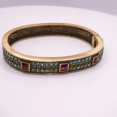 Heidi Daus Blue Pink Green Swarovski Rhinestone 7" Bronze Hinge Bangle Bracelet - Image 1 of 4