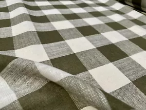 Gingham Checked Linen Fabric Plaid Material Buffalo Check 150cm wide KHAKI Green - Picture 1 of 7