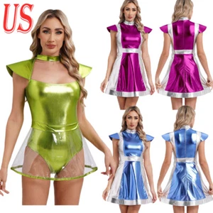 Womens Shiny Metallic Cutout Bodysuit Holographic Outfits Halloween Cosplay - Picture 1 of 40