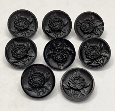 GORGEOUS Vintage Set of 8 Incised Black Glass FLOWER/FLORAL Buttons (A-H5) - Image 1 of 4