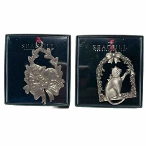 Seagull Pewter Cat Nap Cat Ring Bell Christmas Ornament Canada Lot Of 2 Vintage - Picture 1 of 6