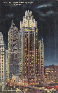 TRIBUNE TOWER AT NIGHT CHICAGO IL VINTAGE LEINEN POSTKARTE 1941 100423 S - Bild 1 von 2