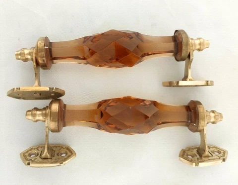 2 Pcs Vntg. Look Brass Amber color Victorian Cut Glass Pull Push Door Handle Cover