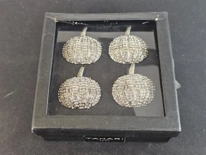 Tahari Silver Rhinestone Pumpkins Set of 4 Napkin Rings Halloween Thanksgiving - Picture 1 of 2