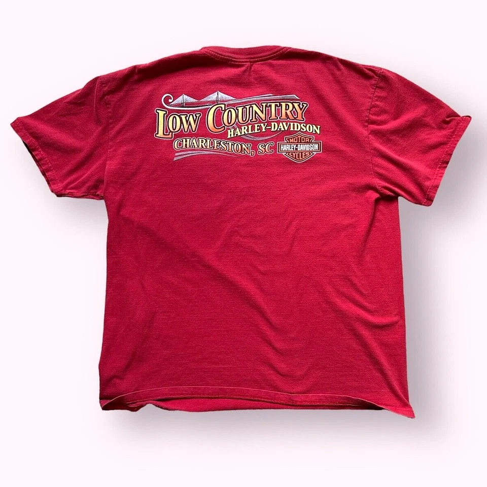 Harley-Davidson 图形红色 T 恤;男式 XL,全彩,二手,低乡村 — 第 1/4 张图片