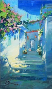 Santorini street Greece painting Original art Oil on canvas by S Chernyakovsky - Picture 1 of 12