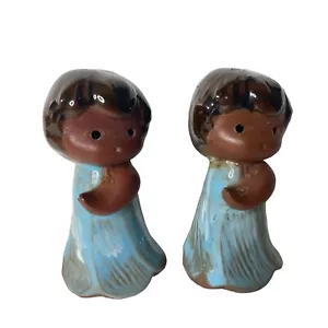 Salt and Pepper Shaker Hawaii Hula Girls Brown Blue Clay Honolulu Glaze Japan - Picture 1 of 7
