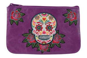 Lavishy Rockabilly Rose & Sugar Skull Embroidered Small Flat Pouch - Picture 1 of 6