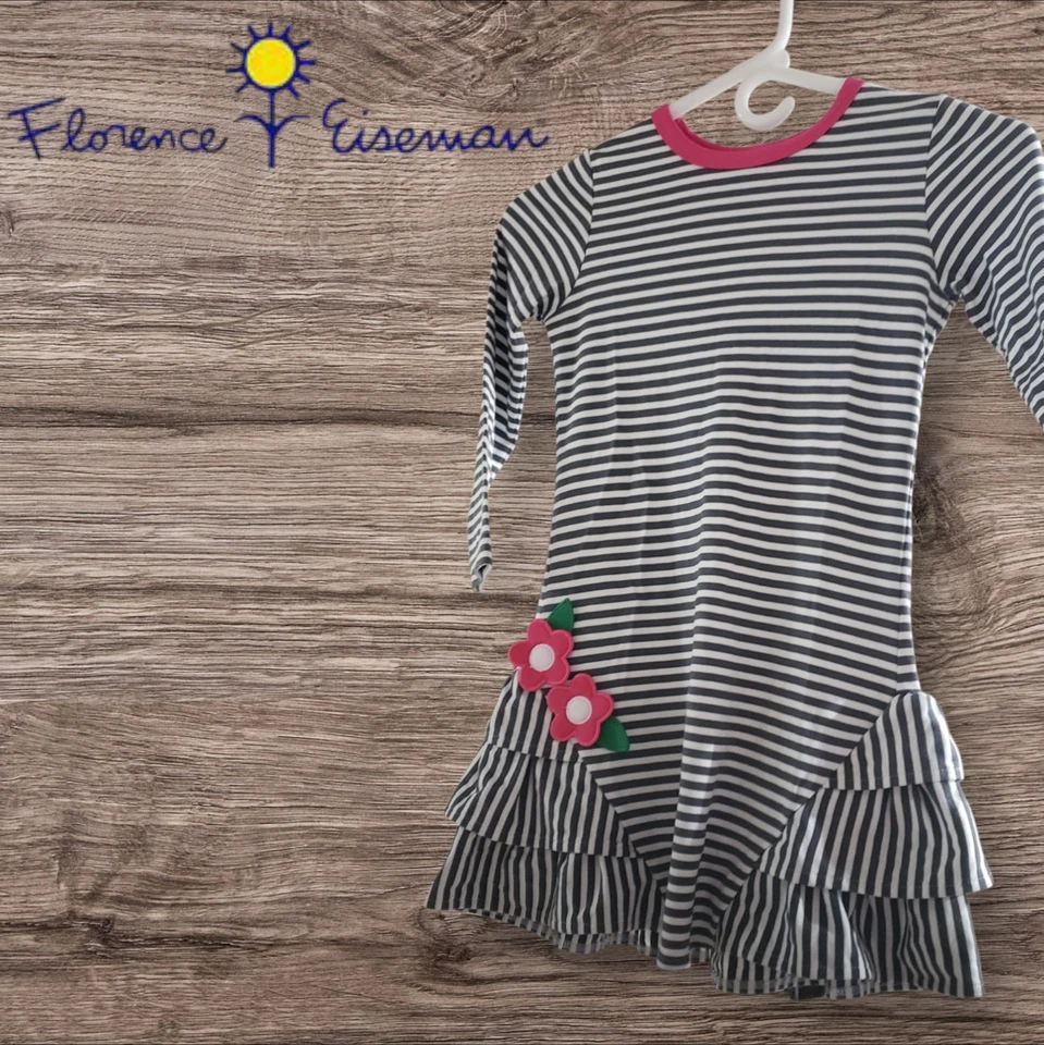Vestido Florence Eiseman Niñas Flores Gris Oscuro y Blanco Rayas Manga Larga Talla 6 Foto 1 de 4