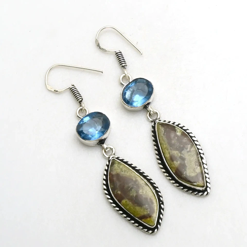 Dragon Blood Agate Blue Topaz Drop Dangle Earrings Jewelry Gift 1.8" AE-91069 - Image 1 of 1