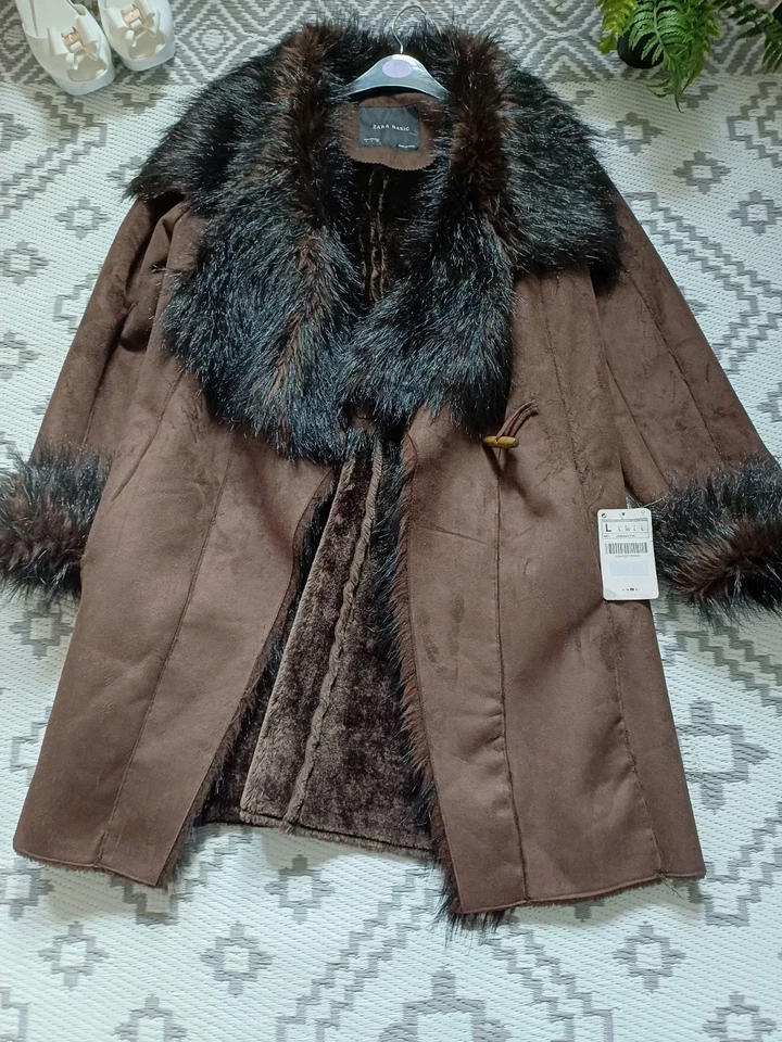 Zara long Brown afghan penny lane Fur Suede Style  🍂 Winter Coat L 12 14  - Image 1 of 4