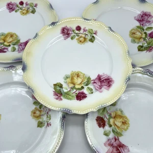 5 Vintage Stück Schlesien Porzellan Rose Dessert Brotteller Perlenrand 6 1/4 Germany - Bild 1 von 9