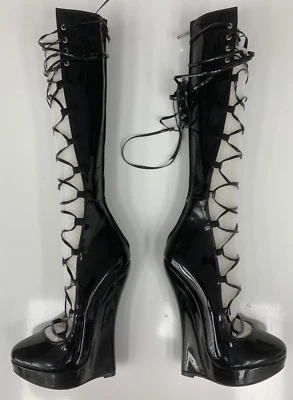 37 Giaro SLICK EXTREM boots 18cm lace Wedge high heels Black leather PU pumps - Photo 1/4