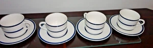 VINTAGE TOTALLY TODAY WHITE PORCELAIN WITH COBALT BLUE BANDS 4 CUP & SAUCER SET - Picture 1 of 13