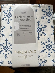 Threshold 400 Thread Count Performance Printed Sheet Set Blue Ivory Queen NEW - Picture 1 of 3