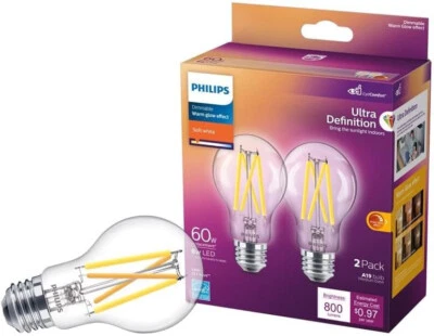 Genuine Philips LED Dimmable A19 E26 Soft White 2700k 2 Pack Light Bulb - Image 1 of 4