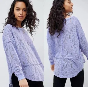 Free people Not Cold In The Lace Top Lavender Oversized Sz L Boat Neck - Picture 1 of 5