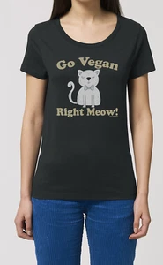 Go VEGAN Right Cat MEOW Ladies ORGANIC T-Shirt Hipster Veggie Birthday Christmas - Imagen 1 de 5