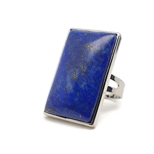 Large Blue Lapis Lazuli Rectangular Ring Boho Cocktail Adjustable Silver Plated - Picture 1 of 23