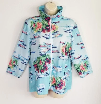 Weekends by Chico's Mujer Talla 1 M 8 Multicolor Cremallera Completa Chaqueta Fina Barcos Agua Foto 1 de 4