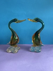 Ein Paar 50er Jahre Vintage Murano grün, Bernstein Glas Ente Figur, Handarbeit - Bild 1 von 17