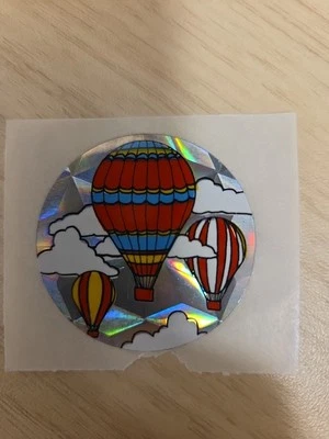 Vintage 1980s 1.5" Hot Air Balloons in Clouds Mylar Foil Prism Sticker - Image 1 of 2