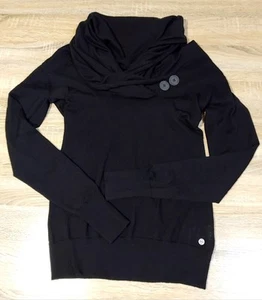 Womens 100% Merino Wool Long Sleeve Tops Size S Cowl Neck Black Button Detail - Picture 1 of 8