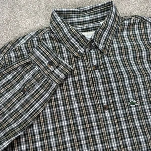 Lacoste Mens Plaid Button Down Long Sleeve Shirt Green Tan White Small - Picture 1 of 11