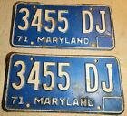 MATCHING SET 1971 EMBOSSED MARYLAND MD BLUE&WHITE PAINTED STEEL LICENSE PLATES 