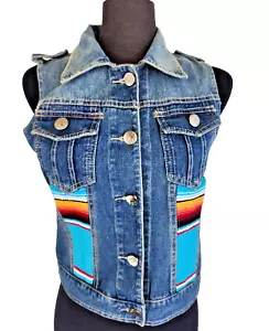 Southwestern Denim Jean Hand Woven Indian Blanket VEST Large - Picture 1 of 11