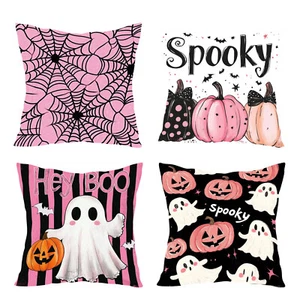 4pcs Spooky Ghost Black Pink Halloween Pillow Case Cushion Cover Sofa Home Decor - Picture 1 of 6