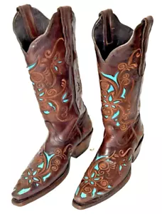 RUDEL 58595 Snip Toe braune Leder Western Cowgirl Stiefel mit blauem Inlay - 4EE - Bild 1 von 7