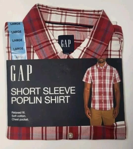 Gap NWT Men's Short Sleeve Button Front Poplin Shirt Red Plaid Size Large - Picture 1 of 6