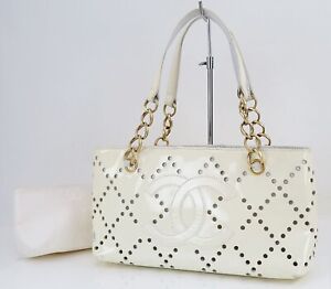 Auth CHANEL White Patent Leather Perforated CC Logo Chain Tote Bag Purse #44128