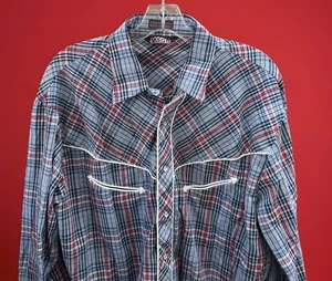 Camisa Occidental A Presión Perla Bolsillo Cara Sonriente A Cuadros Mags De Colección ~ Grande ~ Mezcla de Algodón - Imagen 1 de 8