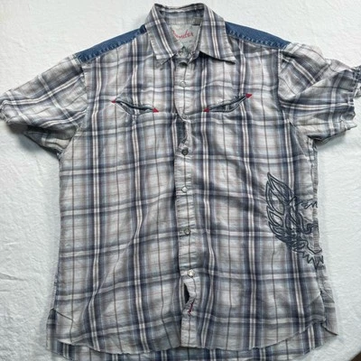 Camisa Fender Para Hombres Mediana Azul Sonrisa Bolsillos Bordado Denim Borde Rockabilly  Foto 1 de 4