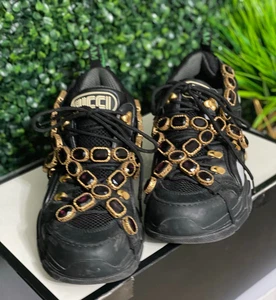 68996 Auth Gucci Black Leather & Mesh 2018 FLASHTREK CRYSTAL Sneakers Shoes 39 - Bild 1 von 13