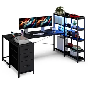 164cm U Shape LED Gaming Desk w/ Power Outlets Corner Computer Table Black - Picture 1 of 11