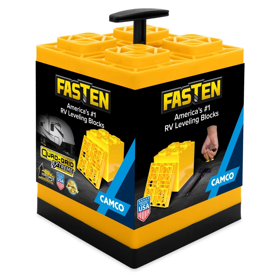 Camco FasTen 10 Pack RV Leveling Blocks 8.5x8.5 Yellow Heavy Duty USA Made - Image 1 of 4