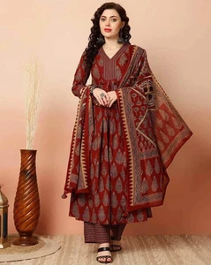 Nuevo Acampanado Algodón Granate Anarkali Floral Estampado Kurta Kurti con Pantalón y Dupatta - Imagen 1 de 6