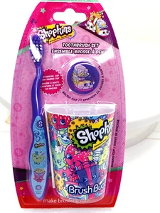 NIP Brush Buddies Shopkins 3 PC Set Soft Toothbrush Rinsing Cup Sneaker Cap - Picture 1 of 2