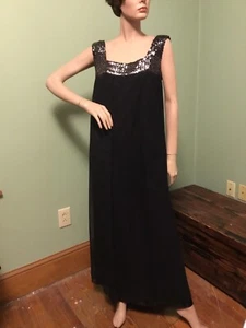 Vintage Sylvia Ann 50s Black Silk Chiffon Sequin Yoke Evening maxi Dress/Gown - Picture 1 of 10