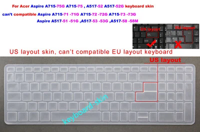 US Keyboard Skin Cover for Acer A517-52 A517-52G A715-75 A715-75G,Aspire 3 N20C6 - Image 1 of 4