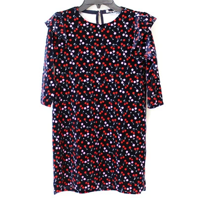 Vestido J.Crew Crewcuts Niñas Azul Marino Cereza Terciopelo Volantes Manga 3/4 Talla 6 Foto 1 de 4