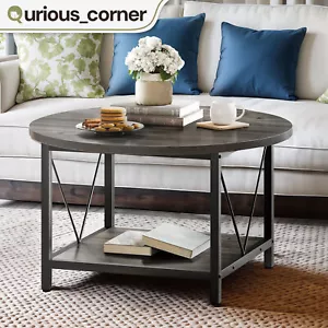 Gray Round Coffee Table Contemporary Wood with 2-Tier Open Shelf for Living Room - Picture 1 of 11