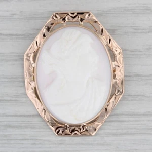 Carved Shell Cameo Brooch Floral 10k Rose Gold Vintage Statement Pin - Picture 1 of 6