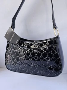 New Classic Nanette Lepore Embossed Logo Patent Baguette Black Mini Satchel Bag - Picture 1 of 11
