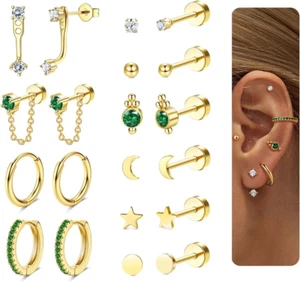 Dainty Gold Flat Back Earrings Hypoallergenic Cartilage Earring Sets for Multipl - Picture 1 of 12