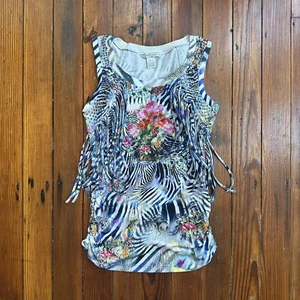 Vtg 00s Alberto Makali studded bouquet zebra print fringe sleeveless sweater Sm - Picture 1 of 5