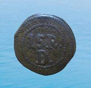 PORTUGUESE INDIA 15 REIS 1843 DAMÃO MINT RULER MARIA II KM 25 #7909# - Picture 1 of 2